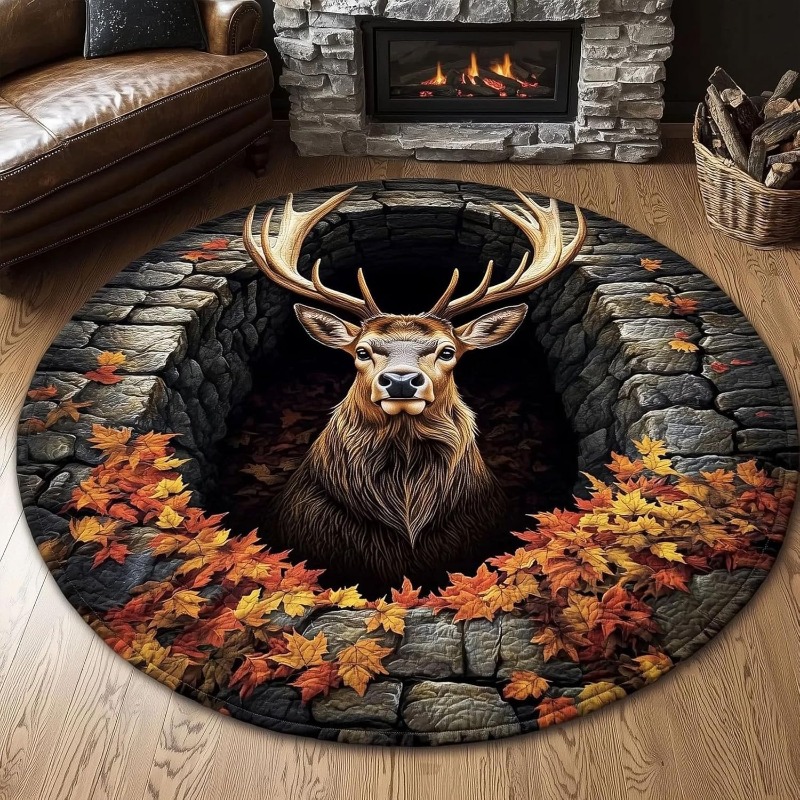 Hunting Outdoor Rug - 2D Deer Elk Round Rug Stone
