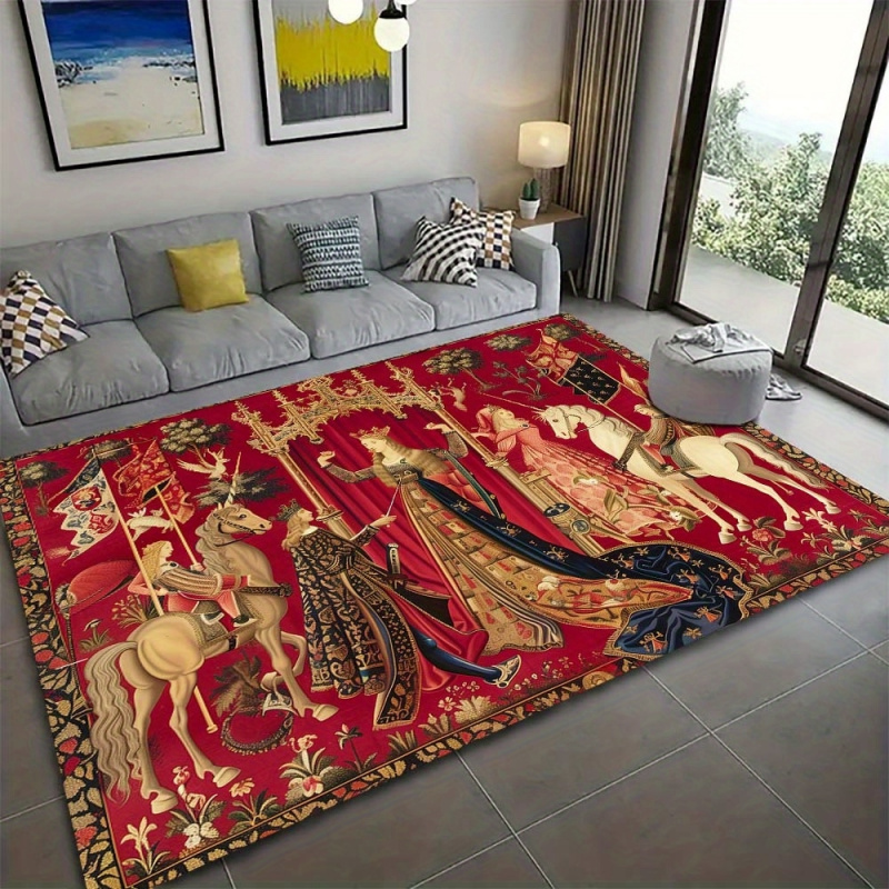 Hunting Outdoor Rug - VIKAMA Medieval Unicorn Tapestry Area Rug,
